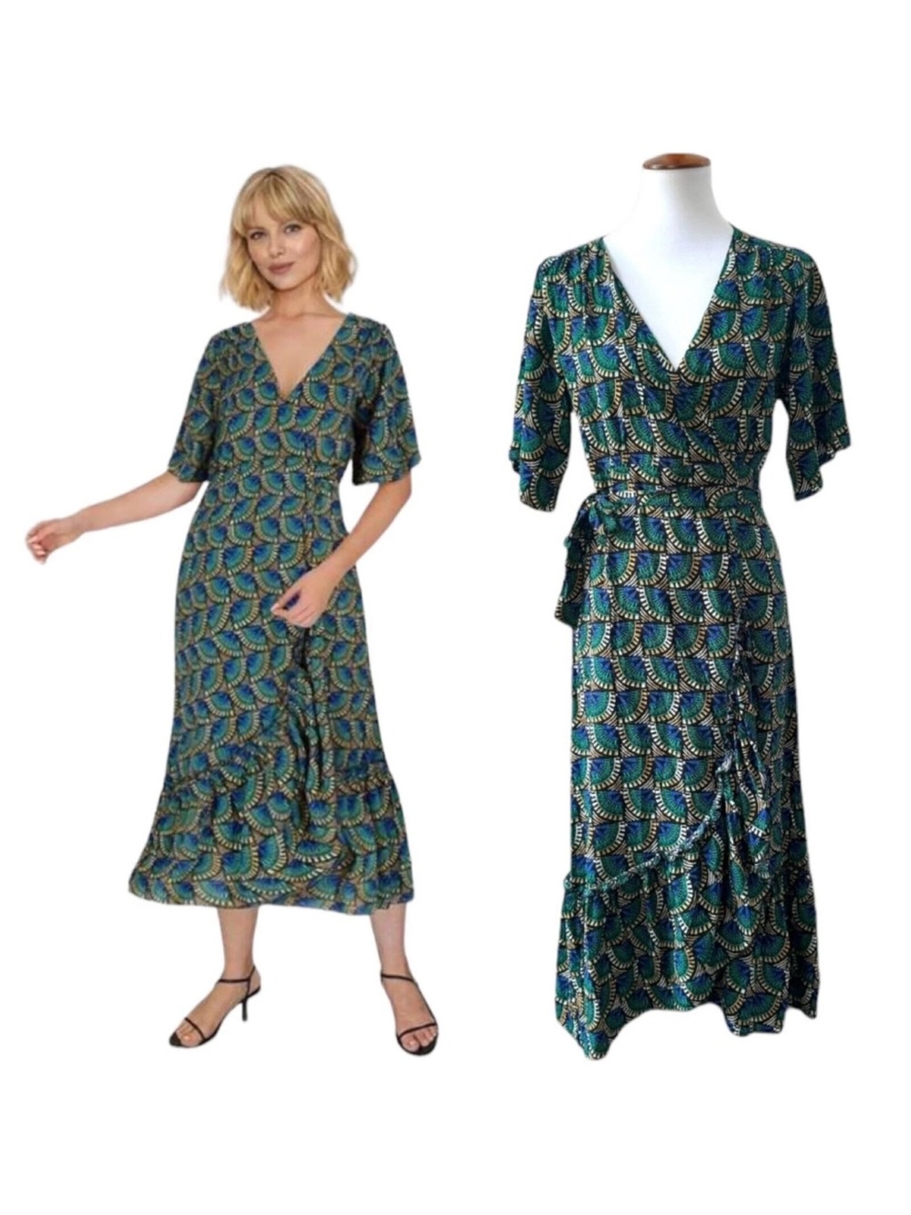 Silk & Salt Wrap Maxi Dress in Green & Blue African Peacock Print Medium